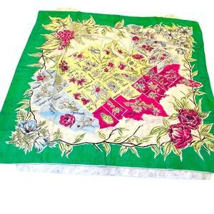 Beautiful vintage green and pink silk scarf with state flowers and map of US